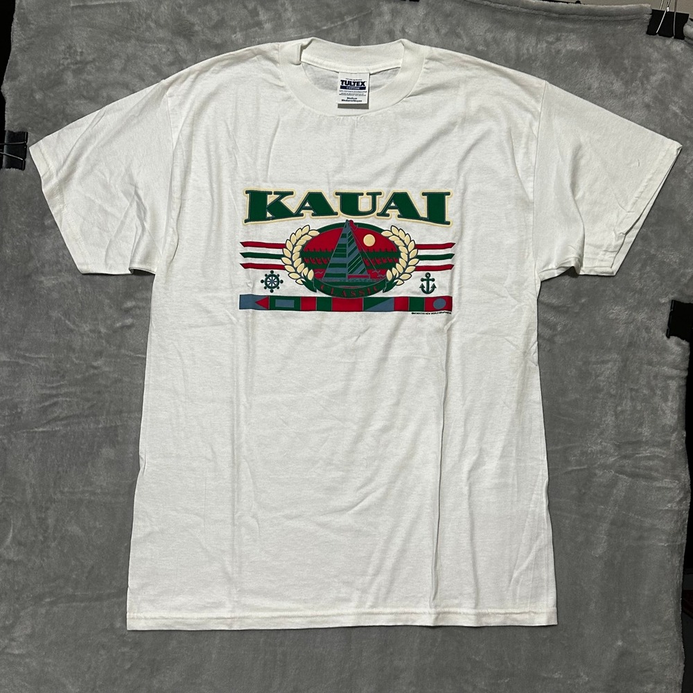 Vintage 1998 Tultex Kauai Classic Nautical Graphic T-Shirt Medium White Cotton